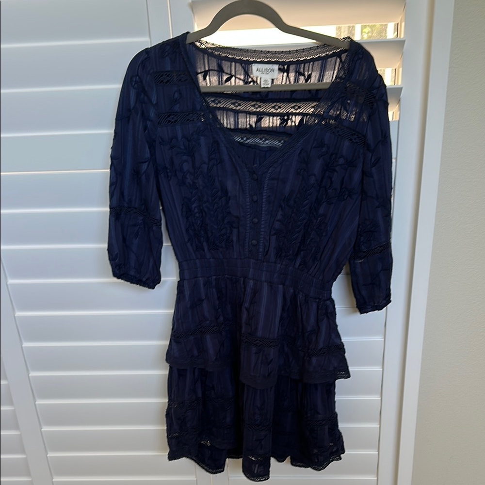 Allison NY Navy Blue Embroidered Ruffle Dress Size M NWOT - Picture 2 of 11